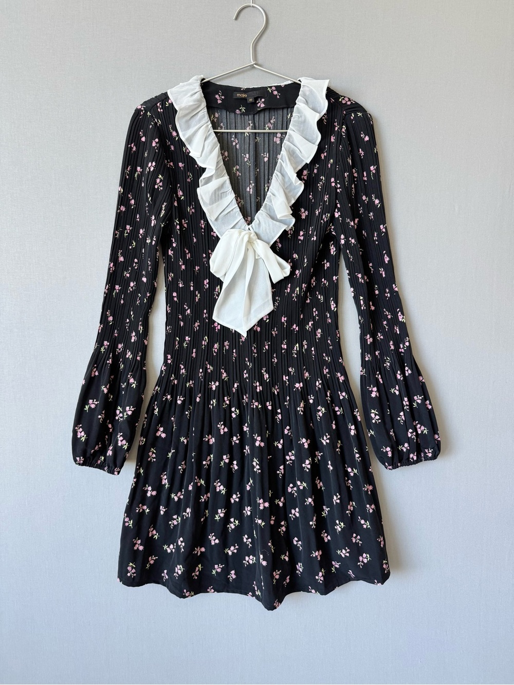 Maje Rockdale Black Floral Long-Sleeve Dress with White Ruffle Tie - Size 40